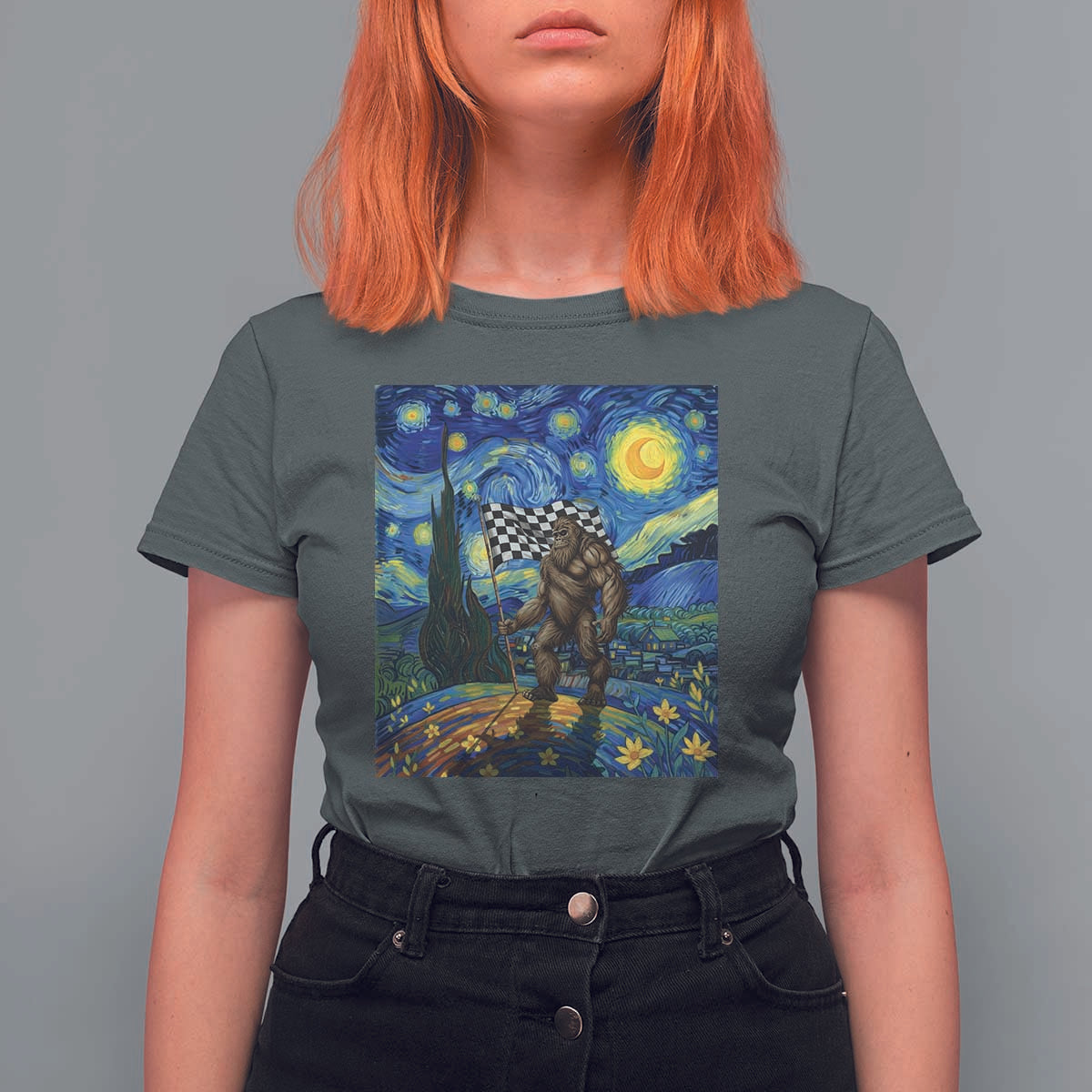 Bigfoot Racing T Shirt For Women Sasquatch Checkered Flag Starry Night Van Gogh - Wonder Print Shop