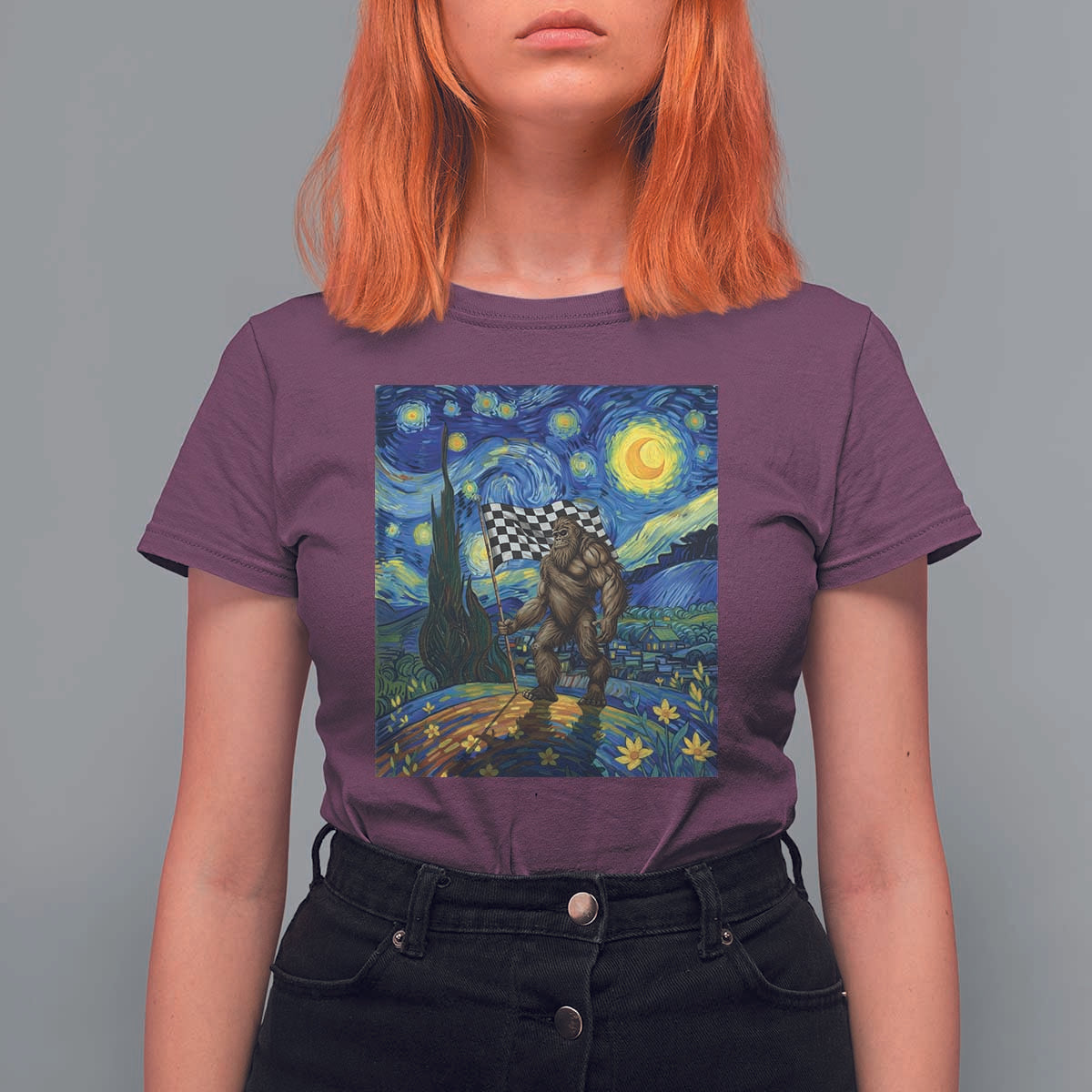 Bigfoot Racing T Shirt For Women Sasquatch Checkered Flag Starry Night Van Gogh - Wonder Print Shop