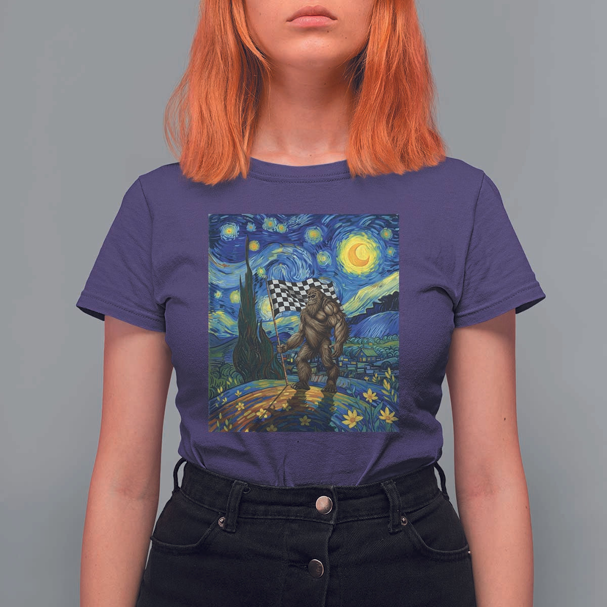 Bigfoot Racing T Shirt For Women Sasquatch Checkered Flag Starry Night Van Gogh - Wonder Print Shop