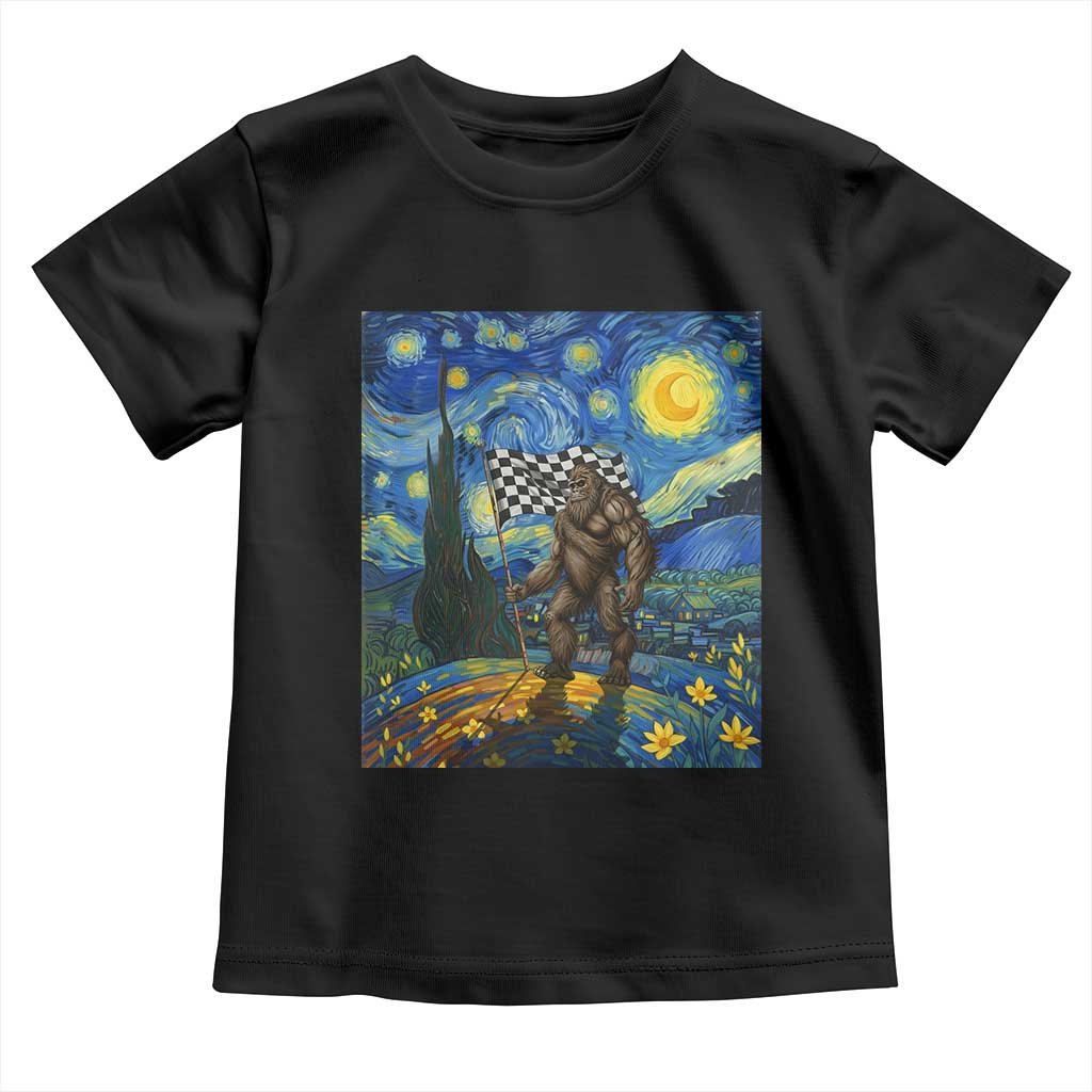 Bigfoot Racing Toddler T Shirt Sasquatch Checkered Flag Starry Night Van Gogh - Wonder Print Shop