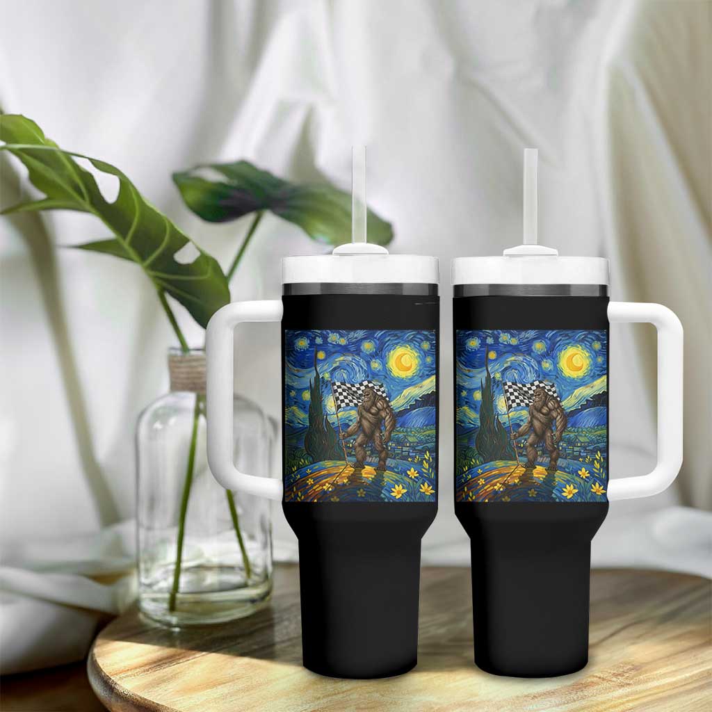 Bigfoot Racing Tumbler With Handle Sasquatch Checkered Flag Starry Night Van Gogh