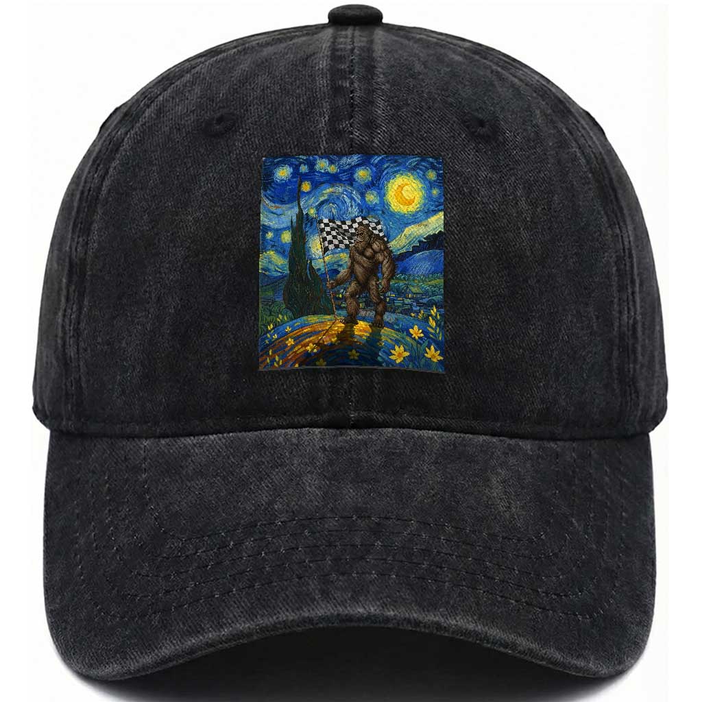 Bigfoot Racing Washed Cotton Baseball Cap Sasquatch Checkered Flag Starry Night Van Gogh