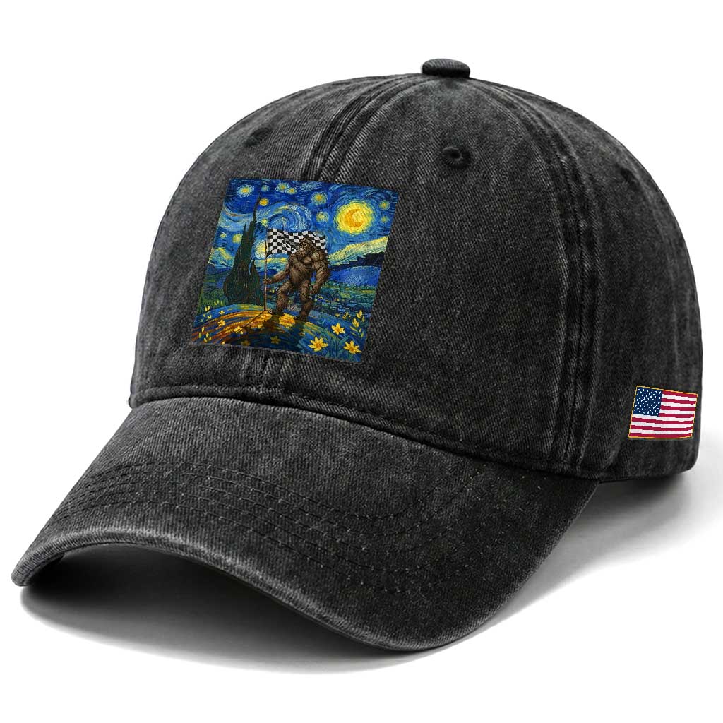 Bigfoot Racing Washed Cotton Baseball Cap Sasquatch Checkered Flag Starry Night Van Gogh