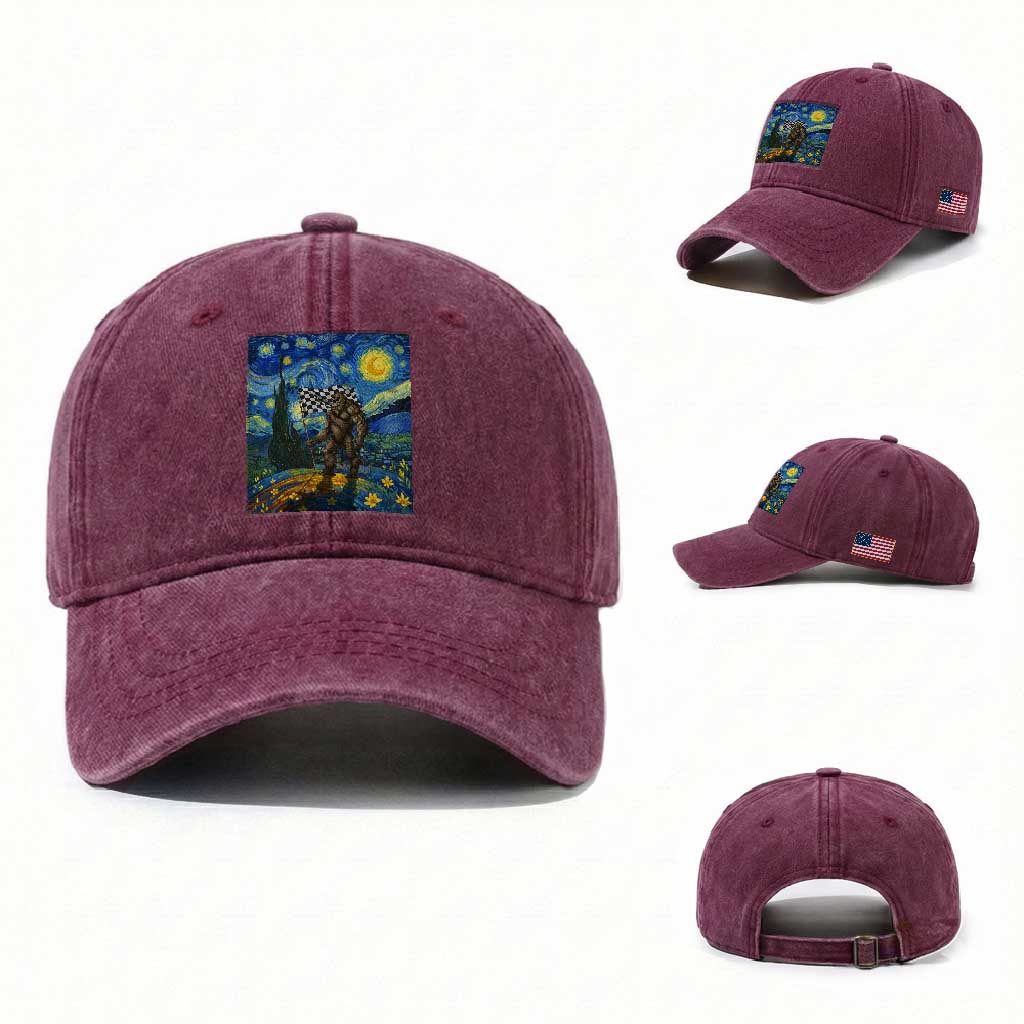 Bigfoot Racing Washed Cotton Baseball Cap Sasquatch Checkered Flag Starry Night Van Gogh