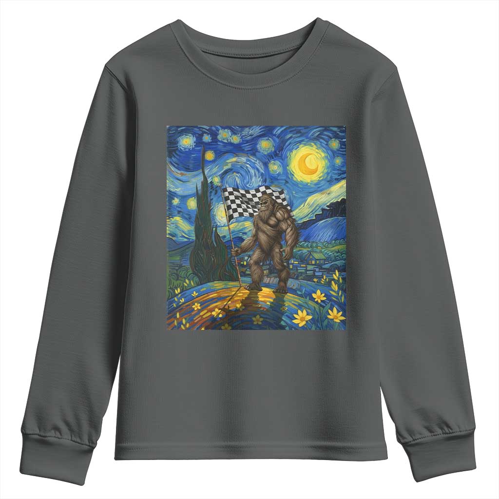 Bigfoot Racing Youth Sweatshirt Sasquatch Checkered Flag Starry Night Van Gogh - Wonder Print Shop