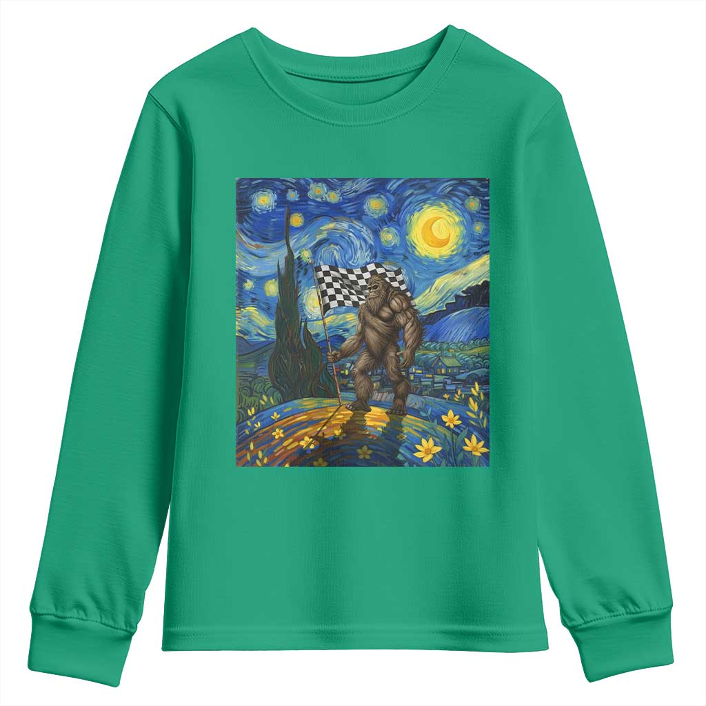 Bigfoot Racing Youth Sweatshirt Sasquatch Checkered Flag Starry Night Van Gogh - Wonder Print Shop