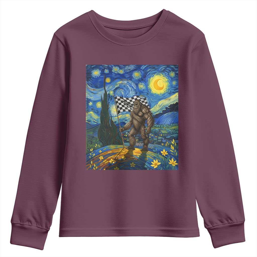 Bigfoot Racing Youth Sweatshirt Sasquatch Checkered Flag Starry Night Van Gogh - Wonder Print Shop
