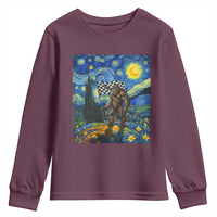 Bigfoot Racing Youth Sweatshirt Sasquatch Checkered Flag Starry Night Van Gogh - Wonder Print Shop