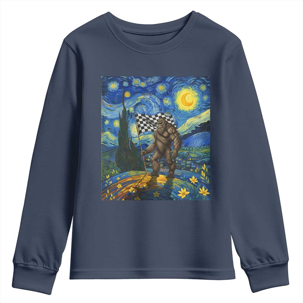 Bigfoot Racing Youth Sweatshirt Sasquatch Checkered Flag Starry Night Van Gogh - Wonder Print Shop