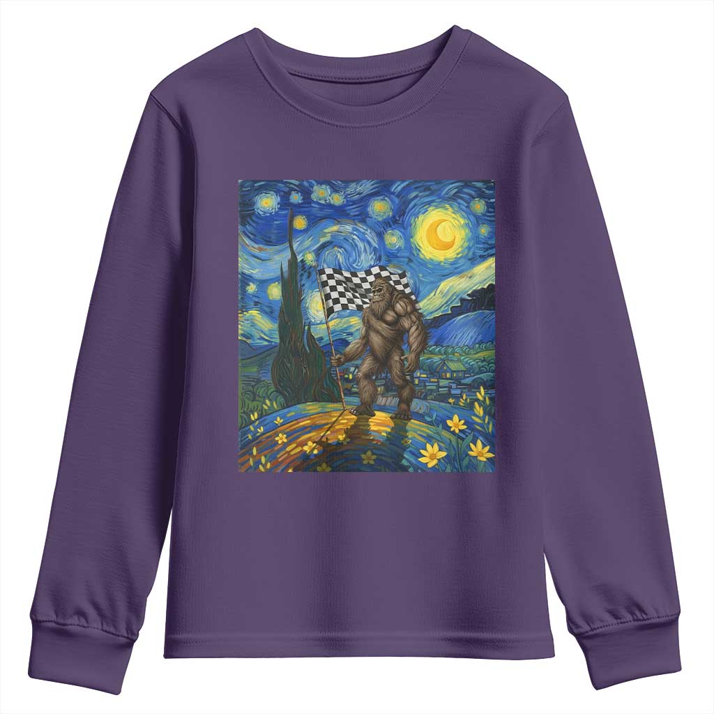 Bigfoot Racing Youth Sweatshirt Sasquatch Checkered Flag Starry Night Van Gogh - Wonder Print Shop