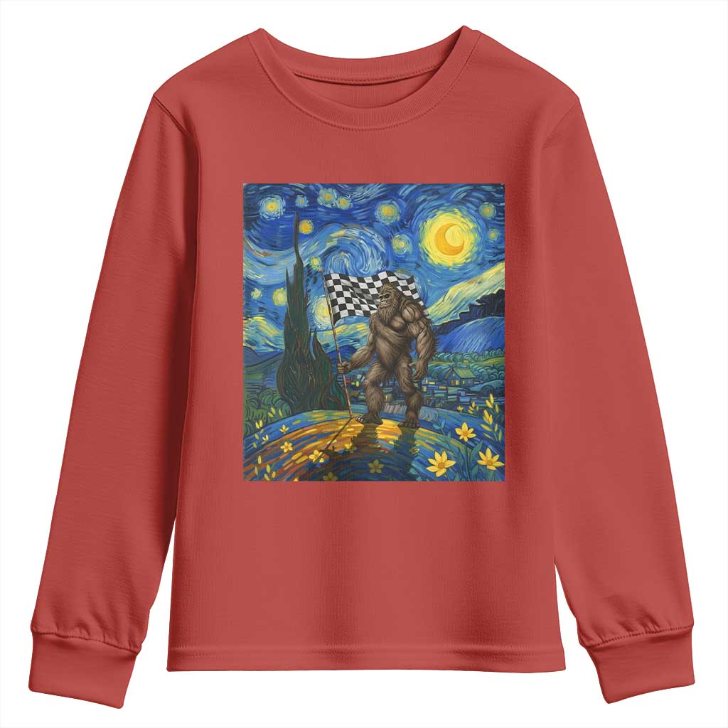 Bigfoot Racing Youth Sweatshirt Sasquatch Checkered Flag Starry Night Van Gogh - Wonder Print Shop