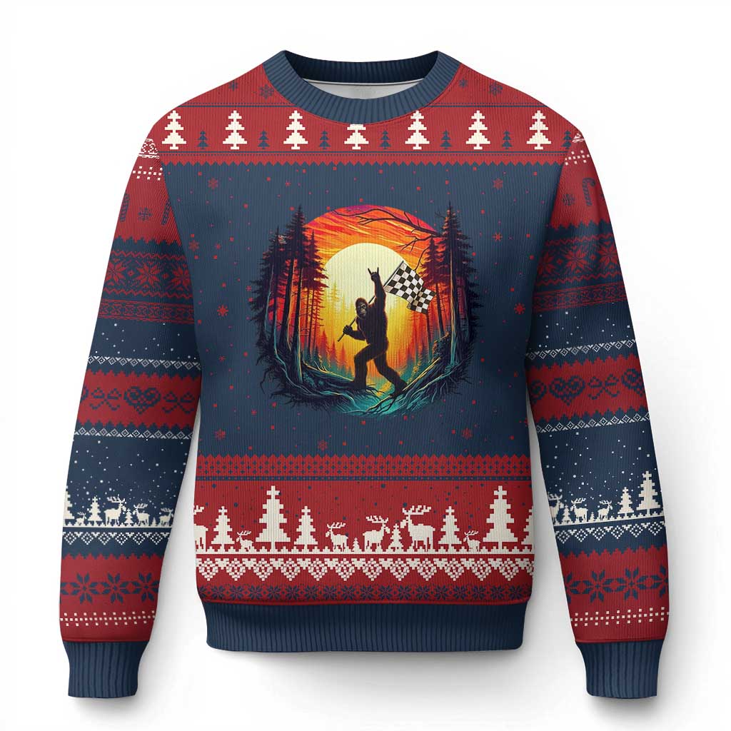 Bigfoot Racing Ugly Christmas Sweater Sasquatch Checkered Flag - Wonder Print Shop
