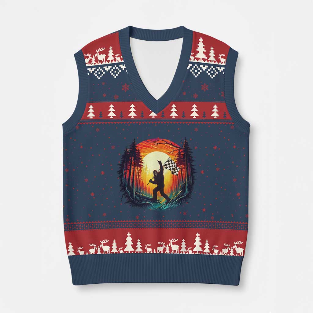 Bigfoot Racing V-Neck Knit Sweater Vest Sasquatch Checkered Flag - Wonder Print Shop