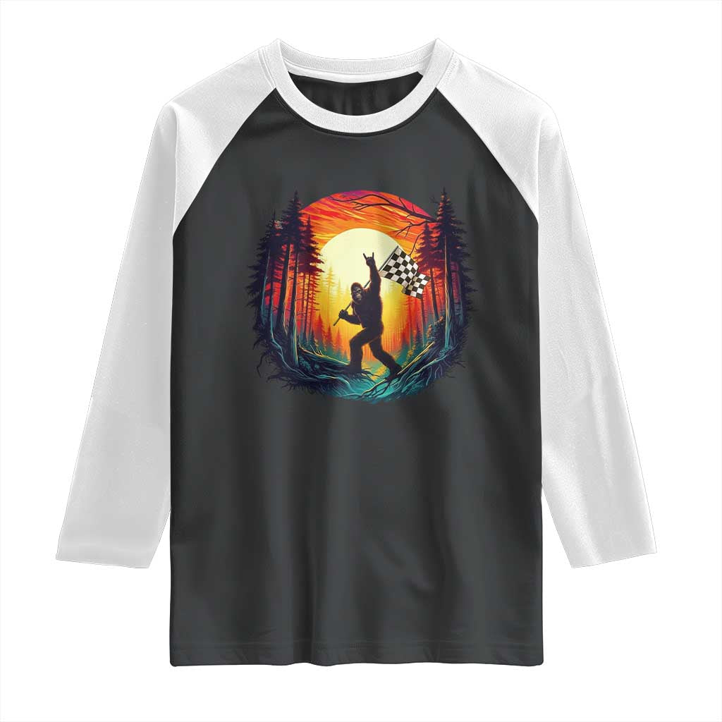Bigfoot Racing Raglan Shirt Sasquatch Checkered Flag - Wonder Print Shop