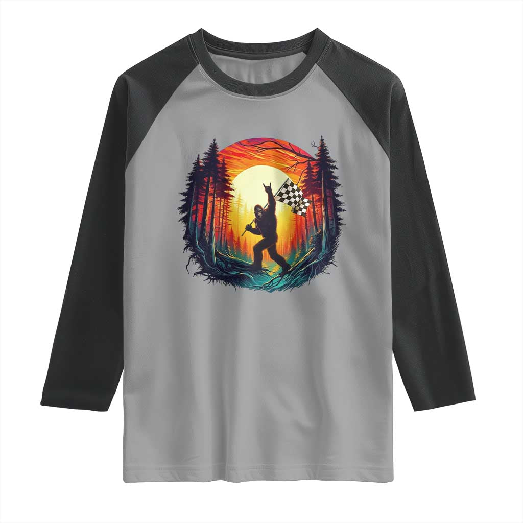 Bigfoot Racing Raglan Shirt Sasquatch Checkered Flag - Wonder Print Shop