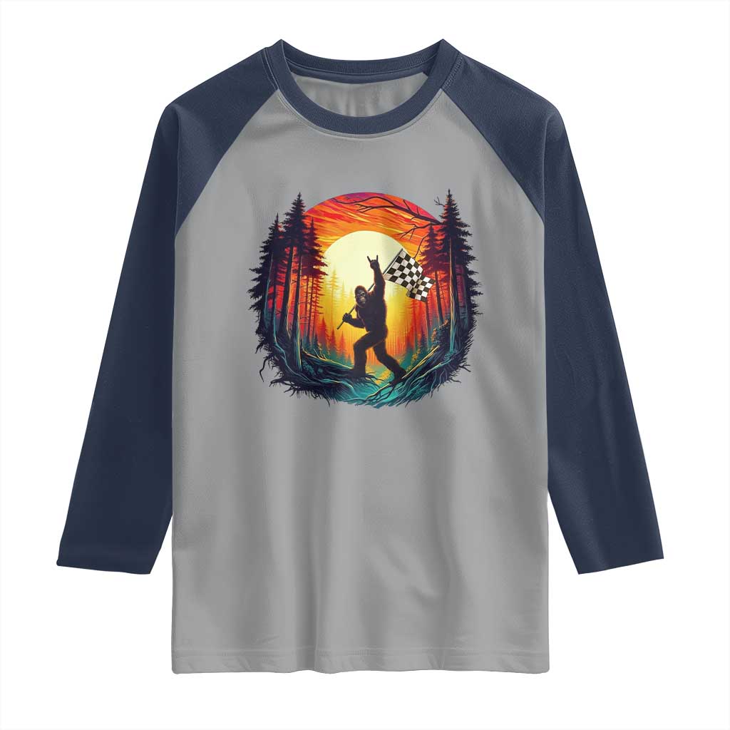 Bigfoot Racing Raglan Shirt Sasquatch Checkered Flag - Wonder Print Shop