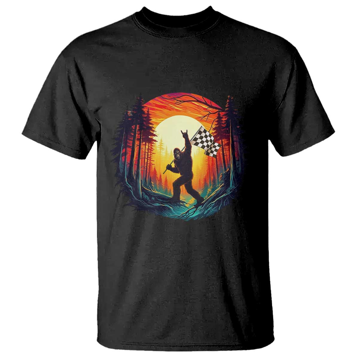 Bigfoot Racing T Shirt Sasquatch Checkered Flag - Wonder Print Shop