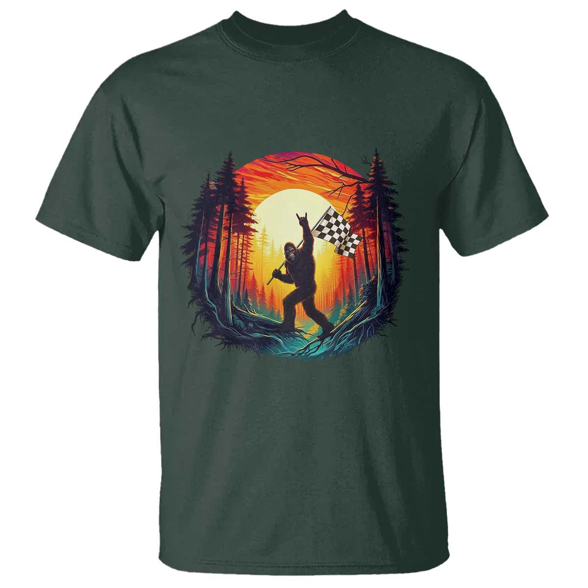 Bigfoot Racing T Shirt Sasquatch Checkered Flag - Wonder Print Shop