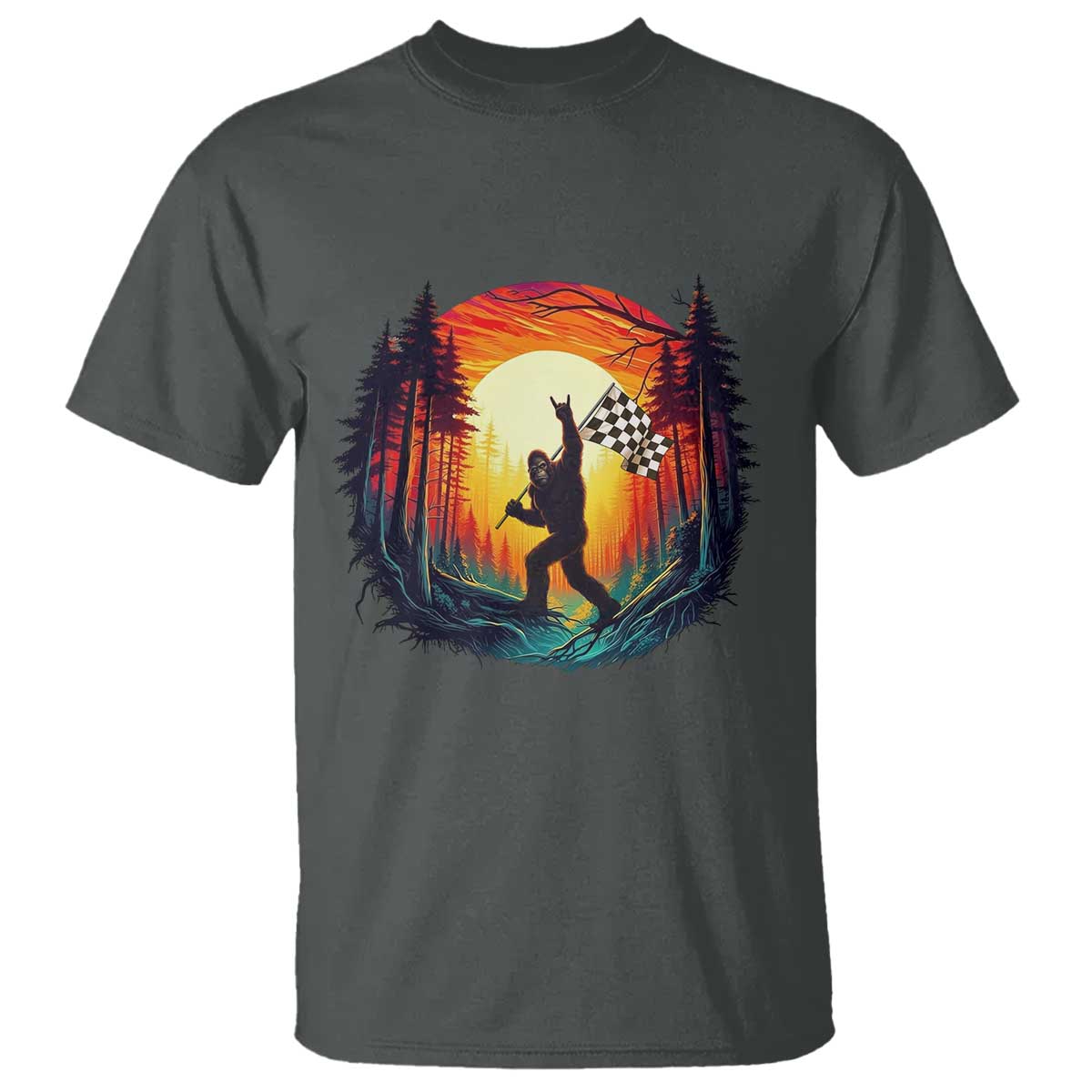 Bigfoot Racing T Shirt Sasquatch Checkered Flag - Wonder Print Shop