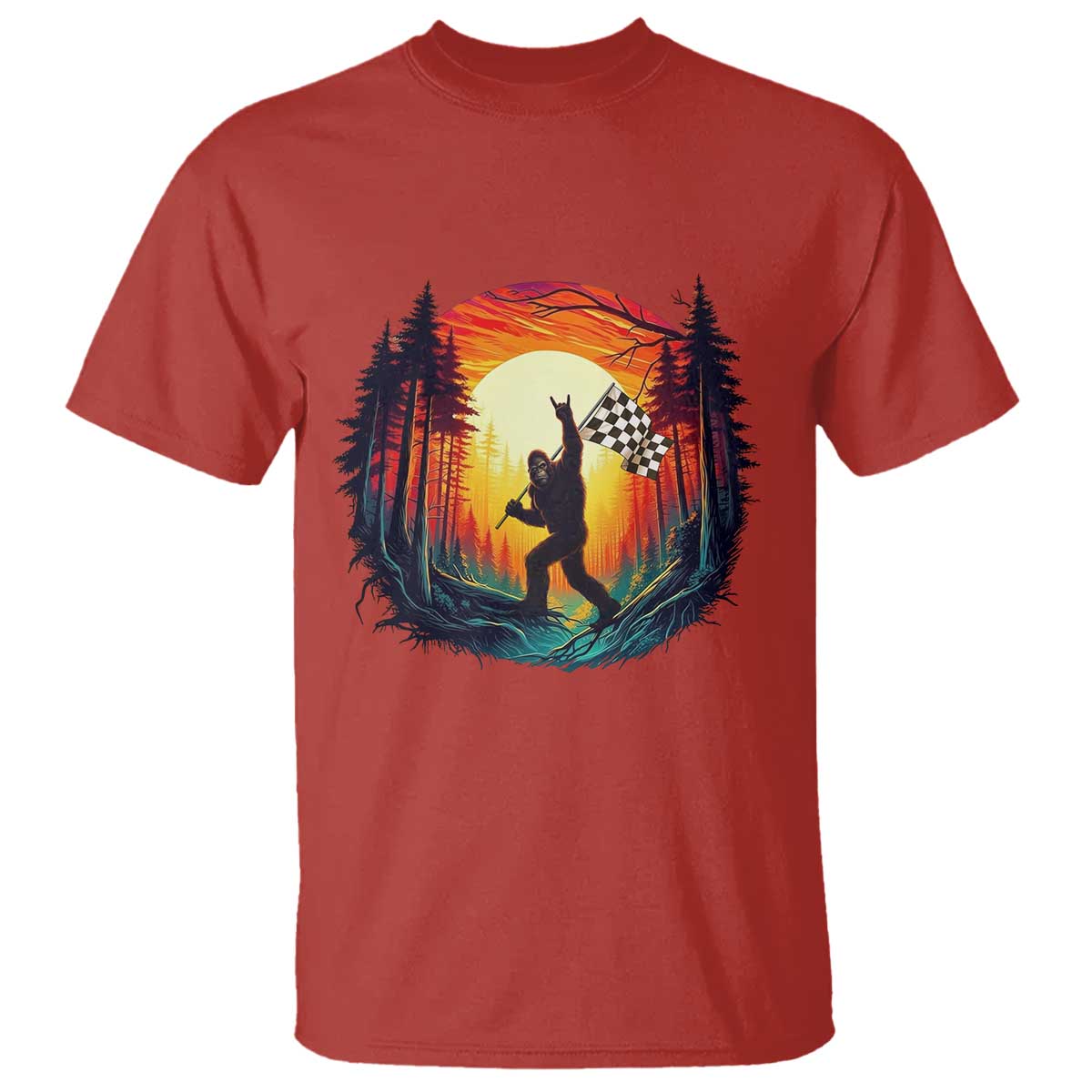 Bigfoot Racing T Shirt Sasquatch Checkered Flag - Wonder Print Shop