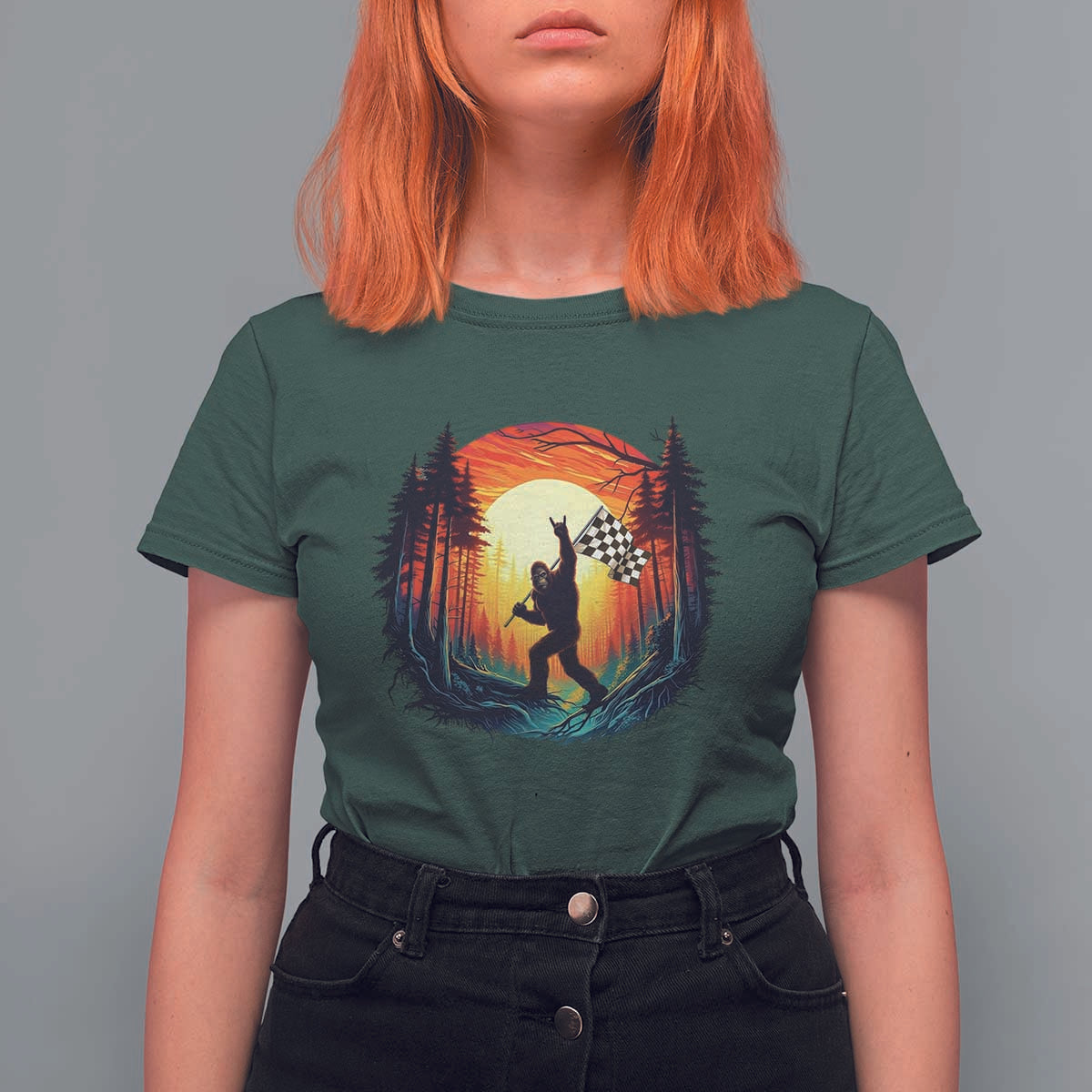 Bigfoot Racing T Shirt For Women Sasquatch Checkered Flag - Wonder Print Shop