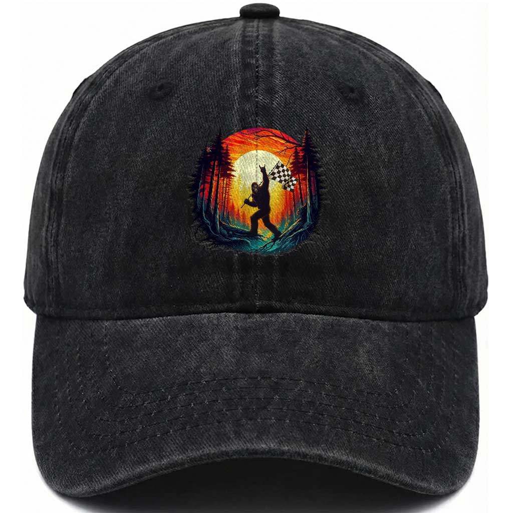 Bigfoot Racing Washed Cotton Baseball Cap Sasquatch Checkered Flag
