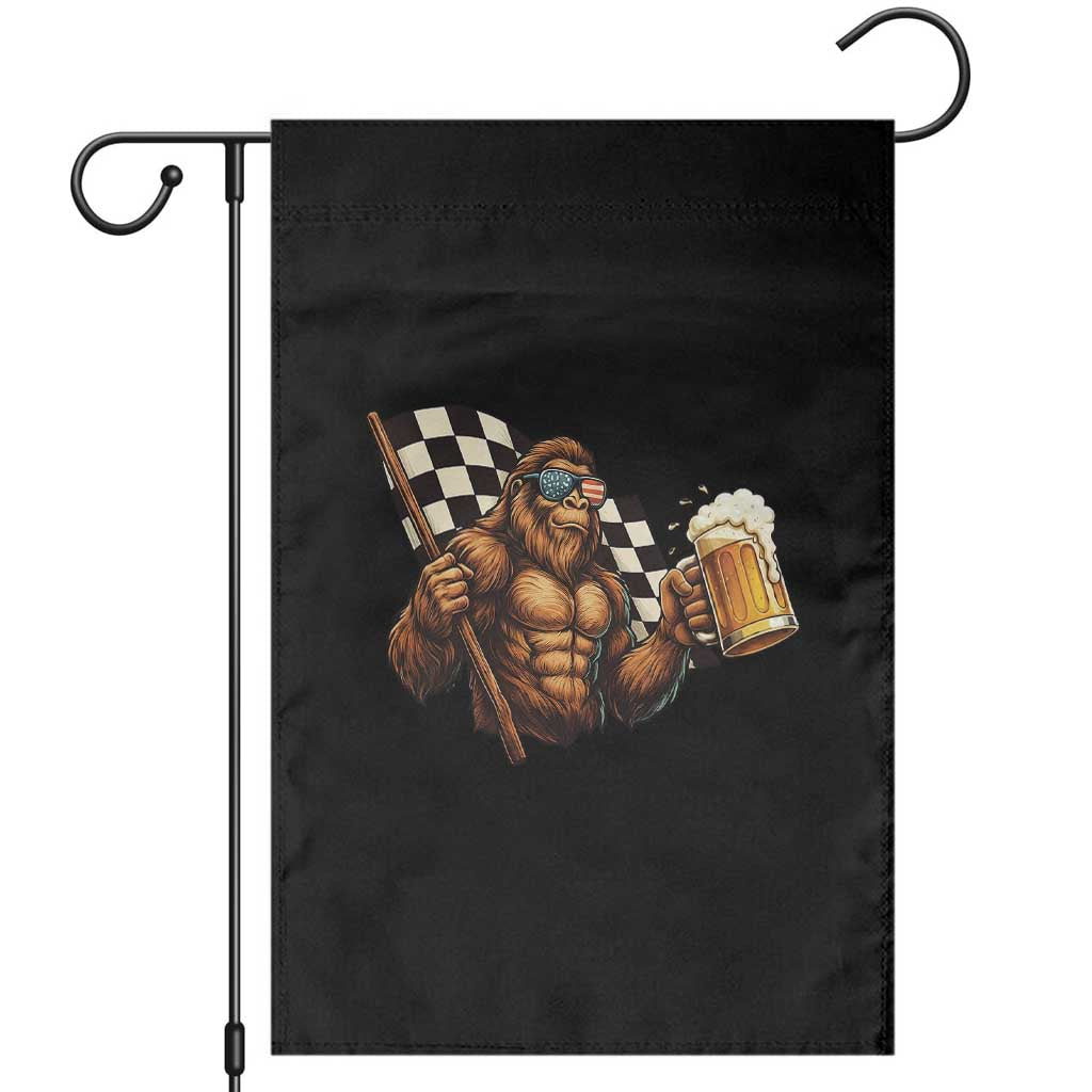 Funny Bigfoot Garden Flag Sasquatch Drinking Beer Racing Car - Wonder Print Shop