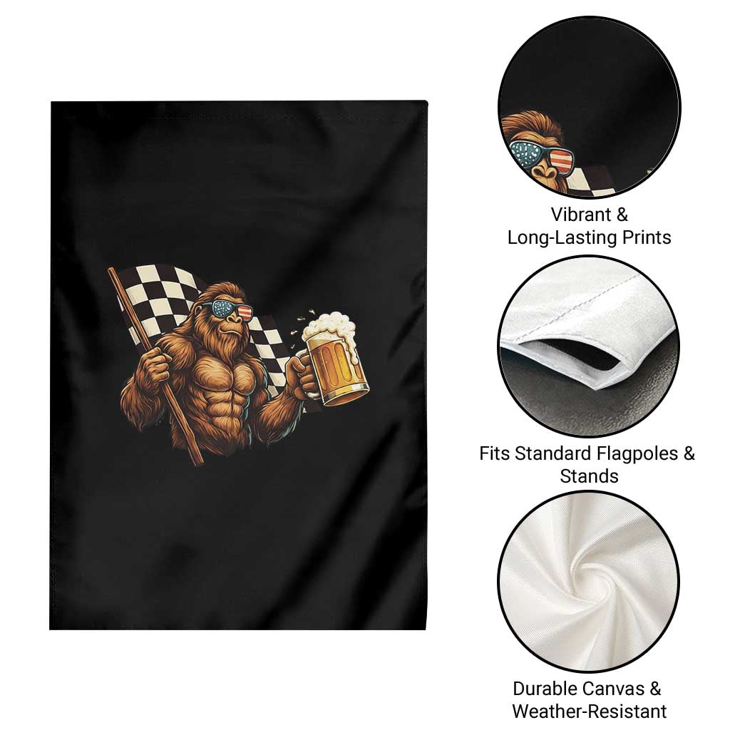 Funny Bigfoot Garden Flag Sasquatch Drinking Beer Racing Car - Wonder Print Shop