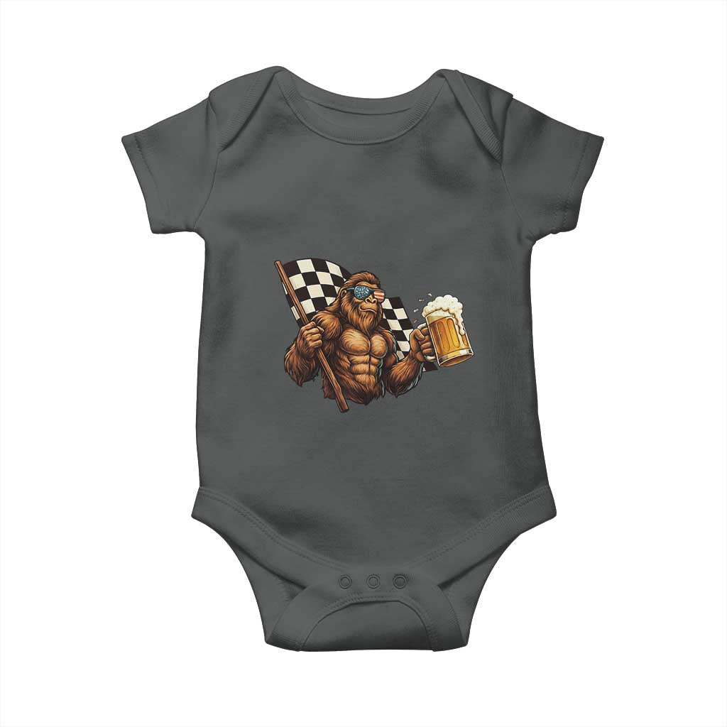 Funny Bigfoot Baby Onesie Sasquatch Drinking Beer Racing Car - Wonder Print Shop