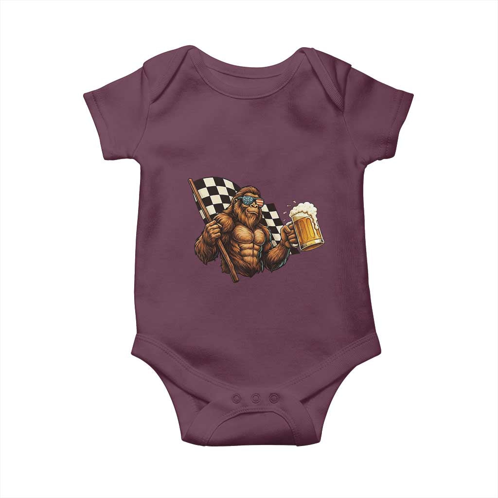 Funny Bigfoot Baby Onesie Sasquatch Drinking Beer Racing Car - Wonder Print Shop