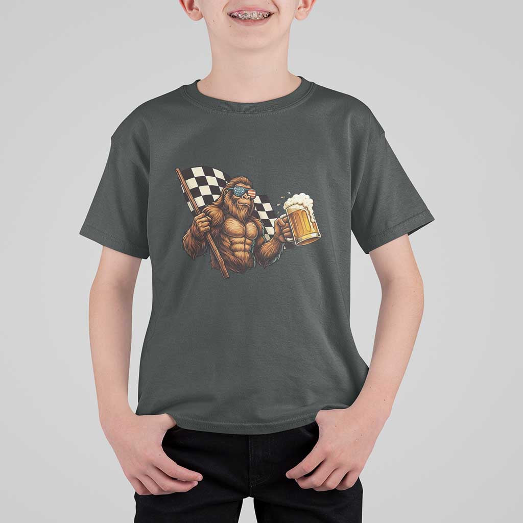 Funny Bigfoot T Shirt For Kid Sasquatch Drinking Beer Racing Car - Wonder Print Shop