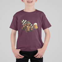 Funny Bigfoot T Shirt For Kid Sasquatch Drinking Beer Racing Car - Wonder Print Shop