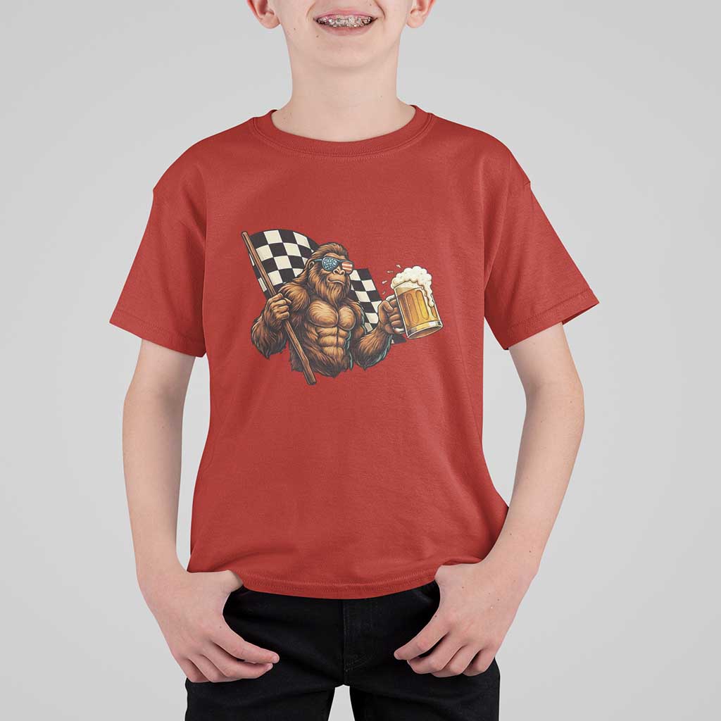 Funny Bigfoot T Shirt For Kid Sasquatch Drinking Beer Racing Car - Wonder Print Shop
