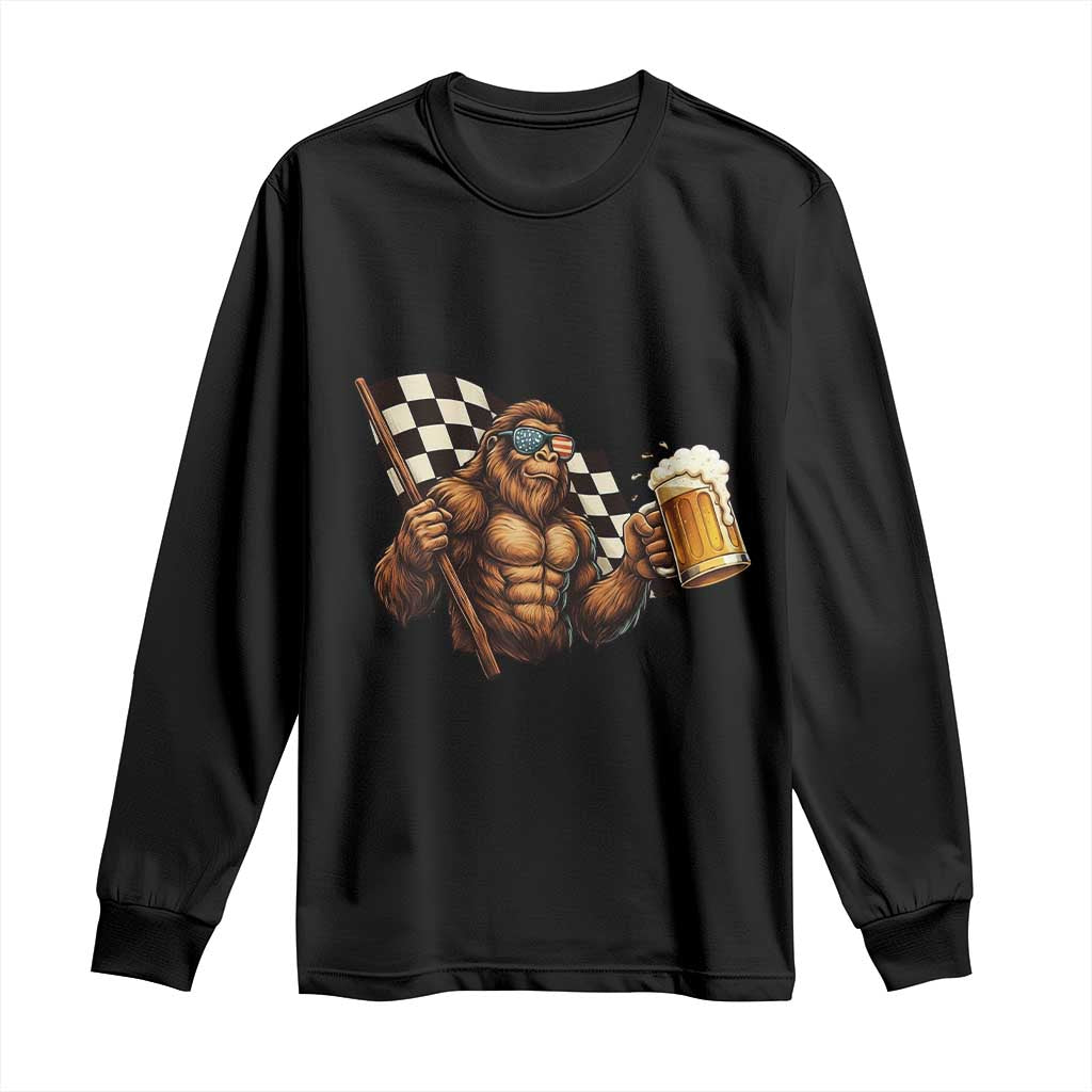 Funny Bigfoot Long Sleeve Shirt Sasquatch Drinking Beer Racing Car - Wonder Print Shop