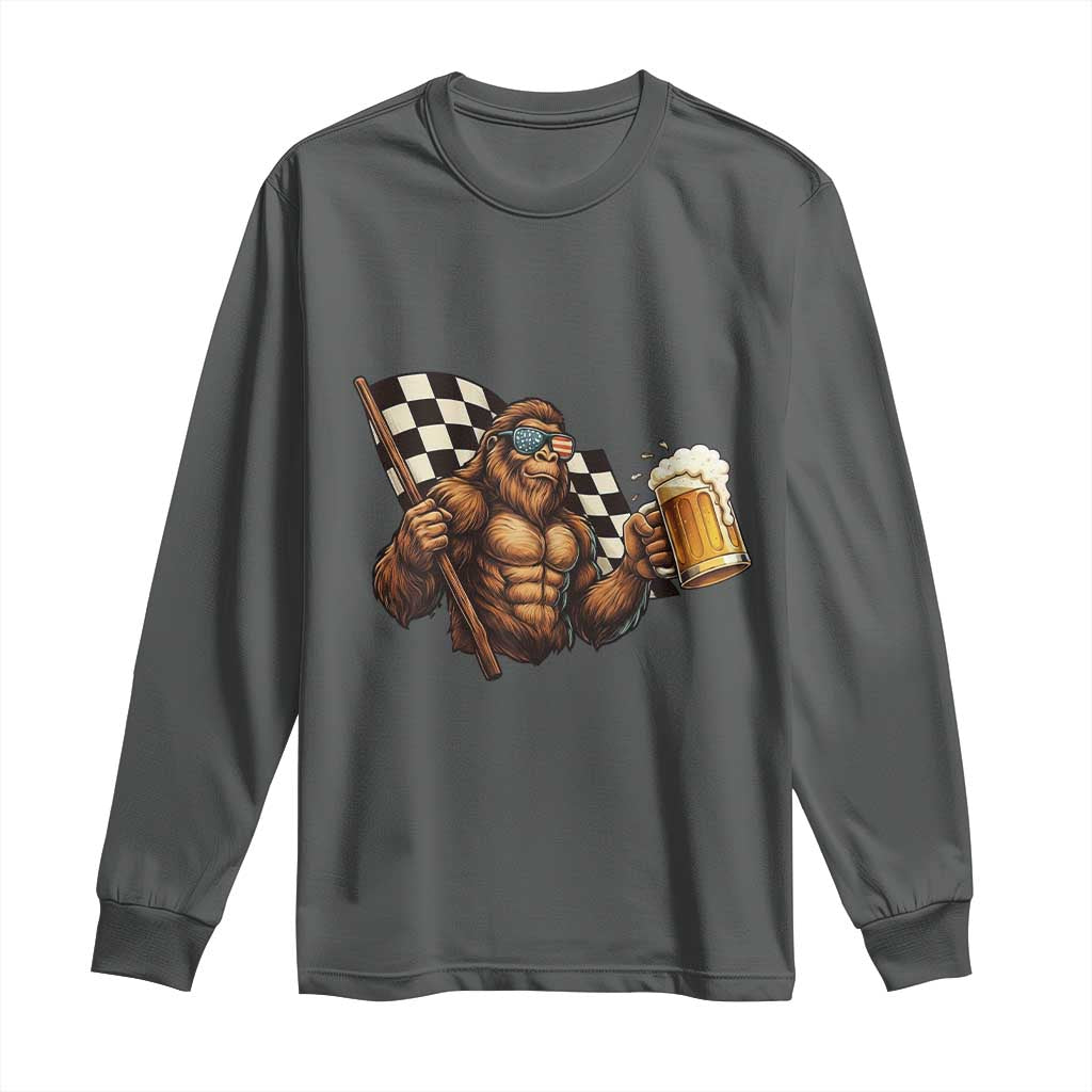 Funny Bigfoot Long Sleeve Shirt Sasquatch Drinking Beer Racing Car - Wonder Print Shop