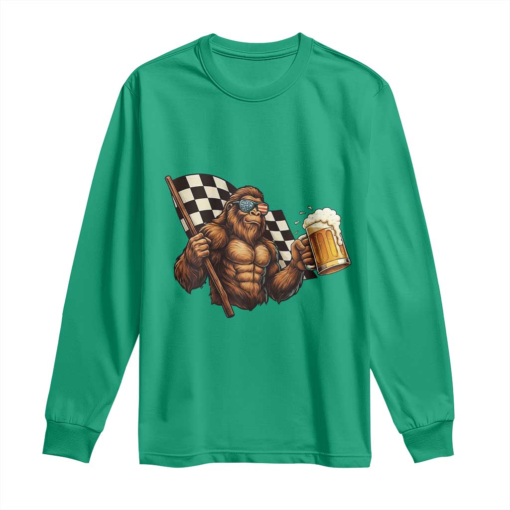 Funny Bigfoot Long Sleeve Shirt Sasquatch Drinking Beer Racing Car - Wonder Print Shop