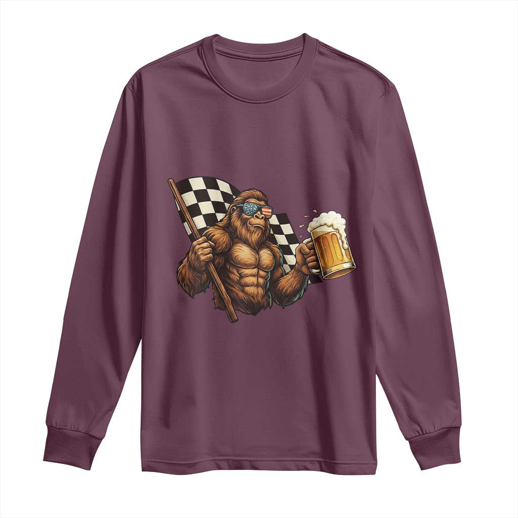 Funny Bigfoot Long Sleeve Shirt Sasquatch Drinking Beer Racing Car - Wonder Print Shop