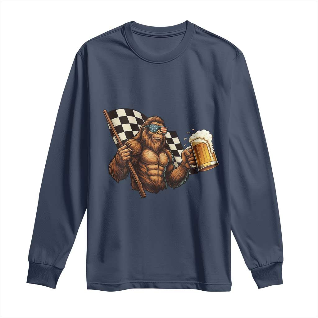 Funny Bigfoot Long Sleeve Shirt Sasquatch Drinking Beer Racing Car - Wonder Print Shop