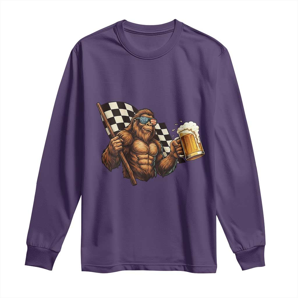 Funny Bigfoot Long Sleeve Shirt Sasquatch Drinking Beer Racing Car - Wonder Print Shop