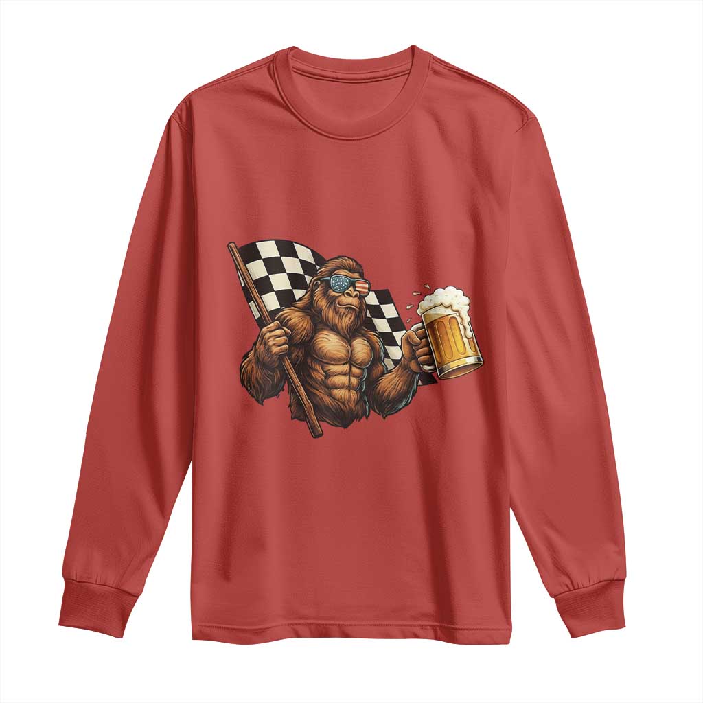 Funny Bigfoot Long Sleeve Shirt Sasquatch Drinking Beer Racing Car - Wonder Print Shop