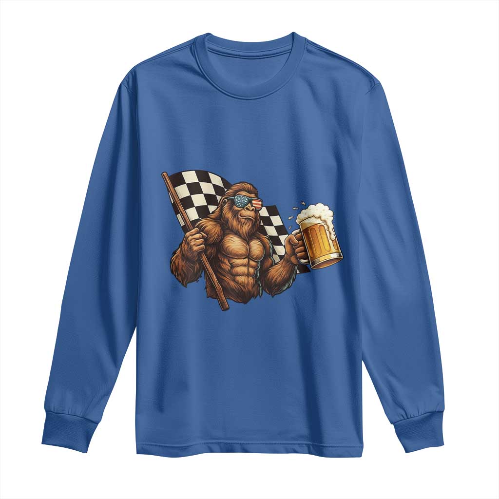 Funny Bigfoot Long Sleeve Shirt Sasquatch Drinking Beer Racing Car - Wonder Print Shop