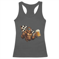 Funny Bigfoot Racerback Tank Top Sasquatch Drinking Beer Racing Car - Wonder Print Shop