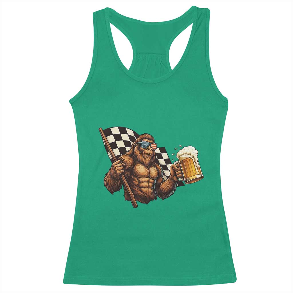 Funny Bigfoot Racerback Tank Top Sasquatch Drinking Beer Racing Car - Wonder Print Shop