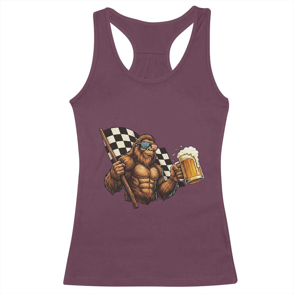 Funny Bigfoot Racerback Tank Top Sasquatch Drinking Beer Racing Car - Wonder Print Shop