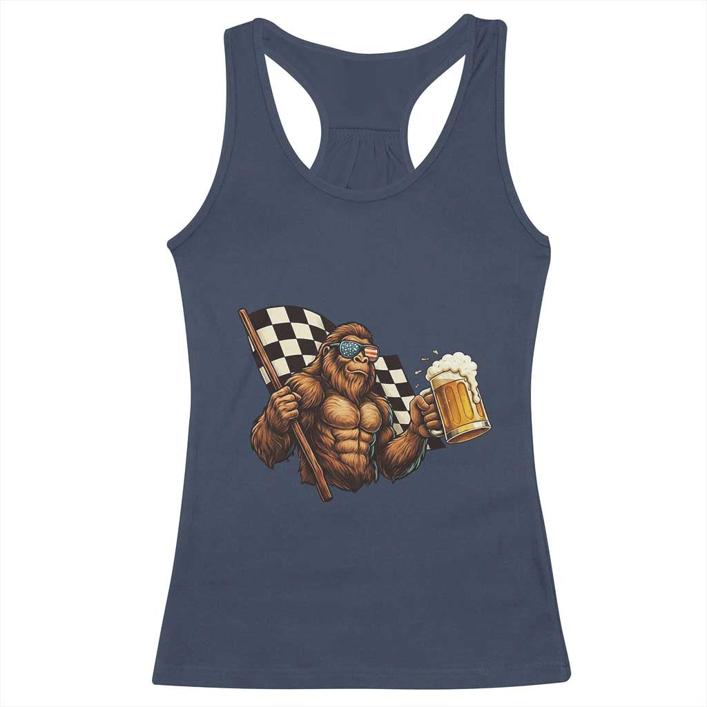 Funny Bigfoot Racerback Tank Top Sasquatch Drinking Beer Racing Car - Wonder Print Shop