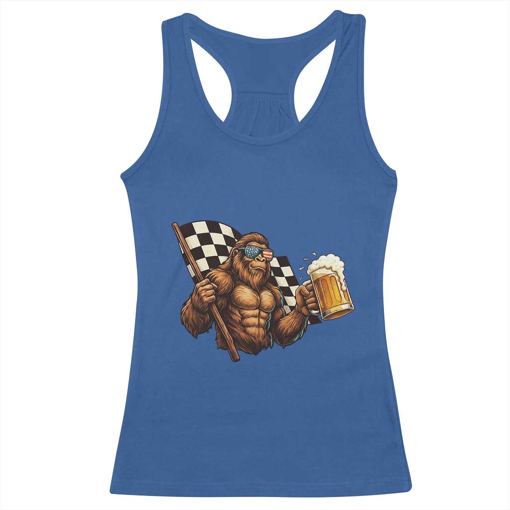 Funny Bigfoot Racerback Tank Top Sasquatch Drinking Beer Racing Car - Wonder Print Shop