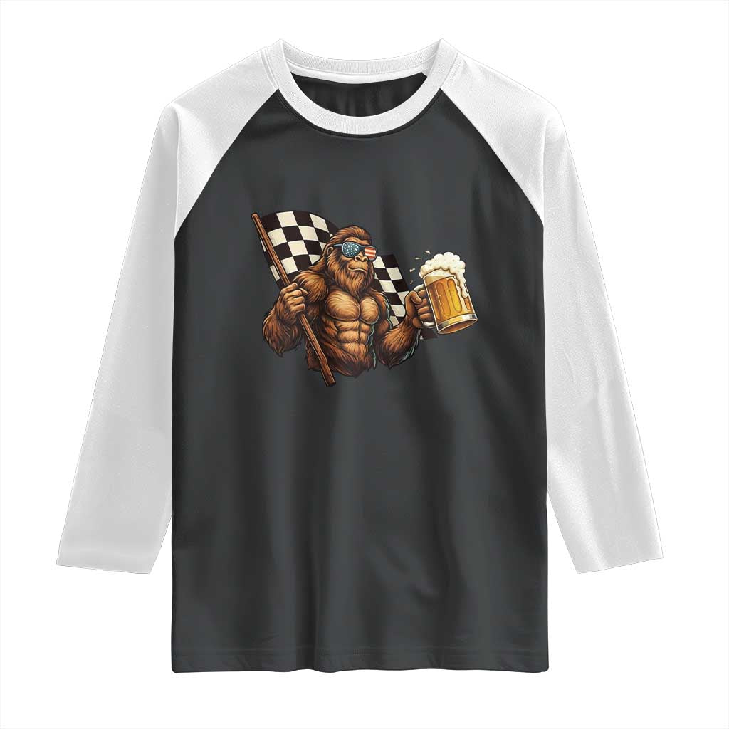 Funny Bigfoot Raglan Shirt Sasquatch Drinking Beer Racing Car - Wonder Print Shop