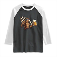 Funny Bigfoot Raglan Shirt Sasquatch Drinking Beer Racing Car - Wonder Print Shop