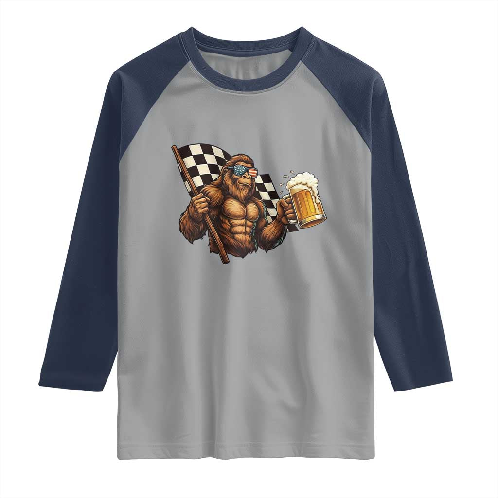 Funny Bigfoot Raglan Shirt Sasquatch Drinking Beer Racing Car - Wonder Print Shop