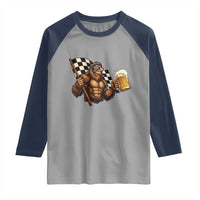 Funny Bigfoot Raglan Shirt Sasquatch Drinking Beer Racing Car - Wonder Print Shop